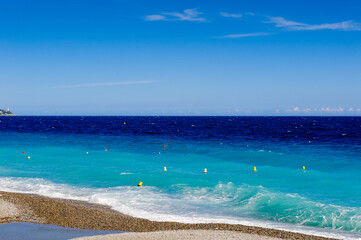 It's Mediterranea sea coast in Nice, Promenade des Anglais, France. Nice is the capital of the Alpes Maritimes departement