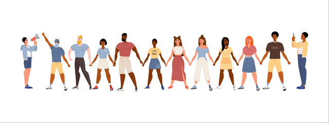 Stop racism. Black lives matter, we are equal. No racism concept. Flat style. Protesting people. Different skin colors. Vector illustration. Isolated.