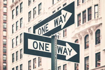 One way street arrow signs in New York City, color toning applied, USA.