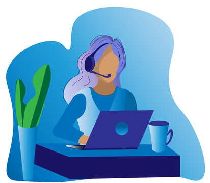 Customer service. Woman with headphones and microphone