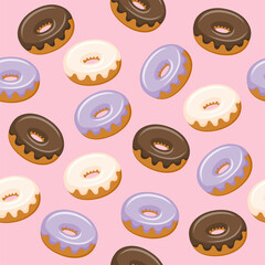 Colourful seamless pattern with sweet tasty hand drawn donuts. Vector illustration.