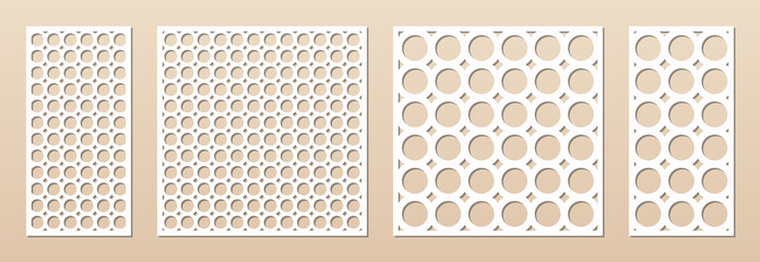 Decorative panel for laser cutting. Cnc pattern set. Cutout silhouette with abstract geometric texture, circles, rings, circular grid. Laser cut stencil for wood, metal, paper. Aspect ratio 1:1, 1:2