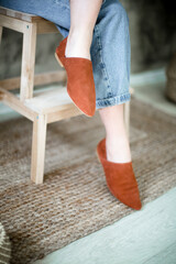 women's shoes on legs, fashionable style, beige color, mirror, trends for blog, at home or indoors,...