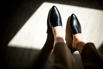 women's shoes on legs, fashionable style, beige color, mirror, instagram trends, at home or...