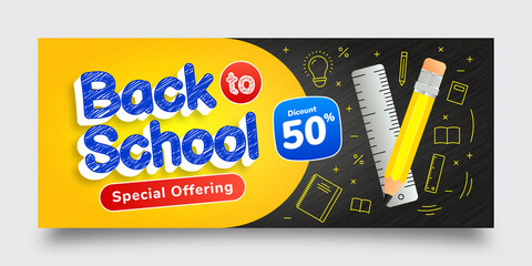 Back to School Special Offering Discount Banner Template, Blue, Yellow, White, Black, Red, Text Effect, Background
