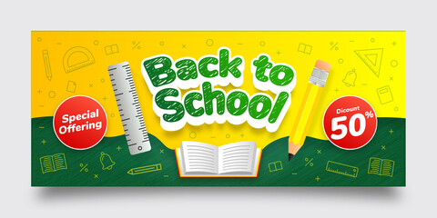Back to School Special Offering Discount Banner Template, Green, Yellow, White, Red, Text Effect, Background