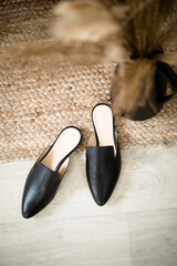 women's shoes on legs, fashionable style, beige color, mirror, instagram trends, at home or indoors, casual style