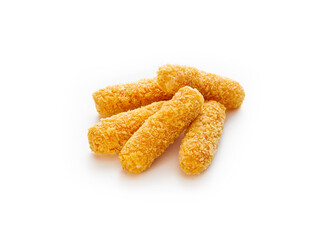 Fried mozzarella cheese sticks on white background