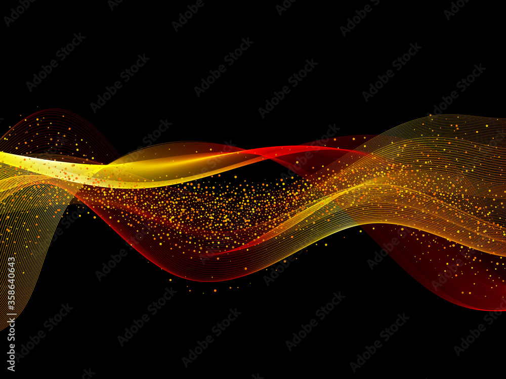 Poster abstract gold waves design. shiny golden moving lines design element with glitter effect on dark bac