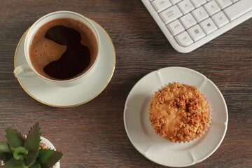 Time for a break with coffee and muffin on a desk