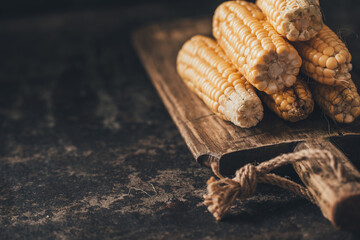 Ripe corn on dark background.