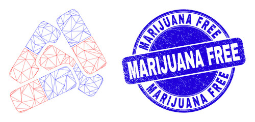 Web mesh medical pills pictogram and Marijuana Free seal stamp. Blue vector rounded distress stamp with Marijuana Free text. Abstract frame mesh polygonal model created from medical pills pictogram.