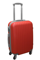 Red plastic suitcase with handle and wheels isolated on white background.