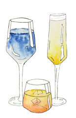 Refreshing summer cocktail in a glass. Watercolor illustration isolated on a white background