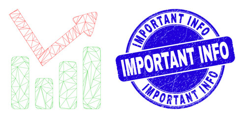 Obraz premium Web mesh graph chart icon and Important Info seal. Blue vector rounded grunge seal with Important Info text. Abstract frame mesh polygonal model created from graph chart icon.