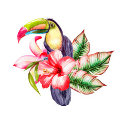 Watercolor tropical composition with hibiscus flowers and tukan bird, monstera leaves. - obrazy, fototapety, plakaty