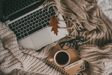 Sweaters and cup of tea with notebook, laptop and knitting clothes. Cozy autumn or winter concept.