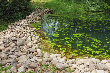 Fototapeta na wymiar A beautiful cobblestones dam on forest lake overgrown with green water Lily leaves on a summer day, ecological European landscape
