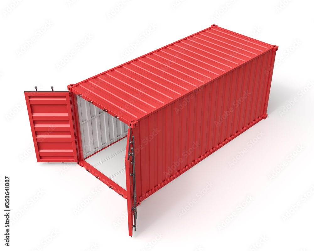 Poster 3d rendering of open red shipping container isolated on white background