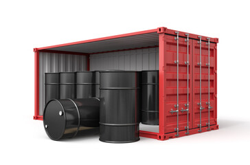 3d rendering of red shipping container filled with black fuel barrels isolated on white background