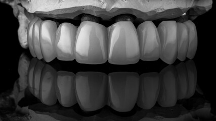 Dental prosthesis made of polymer on a beam and model, shot on a black background with reflection...