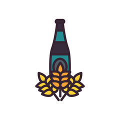 Beer bottle with wheat ears line and fill style icon vector design