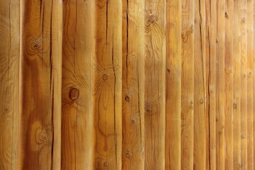 Fototapeta premium New wooden hewn logs fence construction, old russian style country vertical rustic texture for background