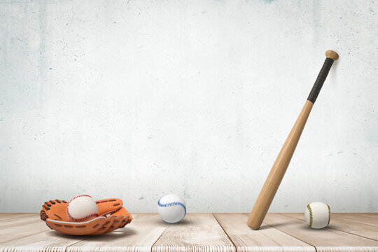 3d rendering of baseballs and brown leather glove lying on wooden floor and baseball bat propped against grungy copy space wall.