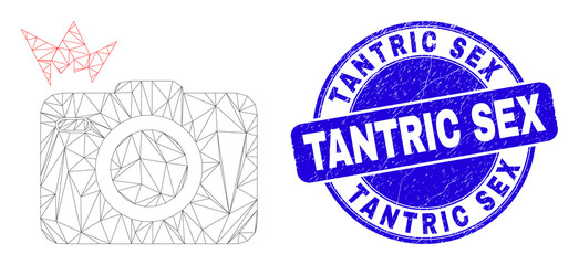 Web carcass photo flash pictogram and Tantric Sex seal stamp. Blue vector rounded grunge seal with Tantric Sex phrase. Abstract carcass mesh polygonal model created from photo flash pictogram.
