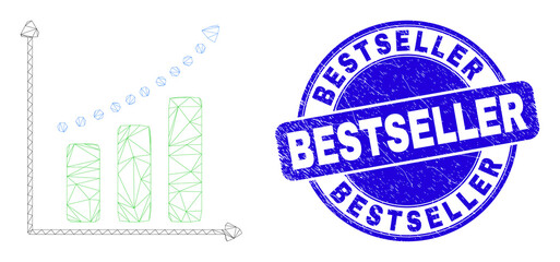 Web mesh growing chart pictogram and Bestseller stamp. Blue vector rounded grunge stamp with Bestseller title. Abstract carcass mesh polygonal model created from growing chart pictogram.
