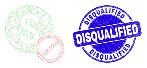 Web mesh forbidden dollar pictogram and Disqualified seal stamp. Blue vector rounded grunge stamp with Disqualified text. Abstract frame mesh polygonal model created from forbidden dollar icon.