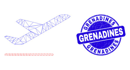 Web mesh airplane departure icon and Grenadines seal stamp. Blue vector round scratched seal with Grenadines title. Abstract carcass mesh polygonal model created from airplane departure icon.