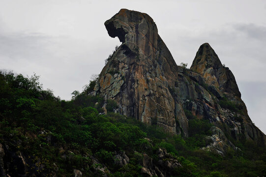 Stone mountain Quixad&aacute; Monoliths Natural Monument, formation of inselbergs at Cear&aacute;, Brazil, nature reserve. Chicken form, Broody Hen curious rock at Cedro Lake dam. Climbing travel destination.
