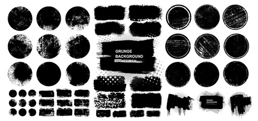 Black grunge post stamps, circles and rectangles. Blank shapes. Banners, insignias, logos, icons, labels and badges collection. Distress textures. Vector illustration. Isolated on white background.