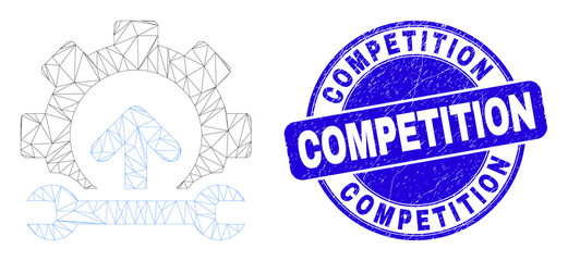 Web carcass gear integration arrow pictogram and Competition seal stamp. Blue vector round scratched seal stamp with Competition title.