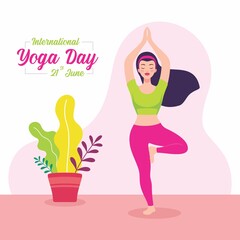 Woman standing on one leg while practicing the tree yoga pose. Yong women doing yoga for International Yoga Day on 21st June. Indian traditional yoga exercise. Vector illustration of a character doing