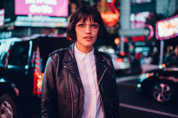 Trendy dressed hipster girl in eyewear for vision correction fascinated with metropolitan urbanity,...