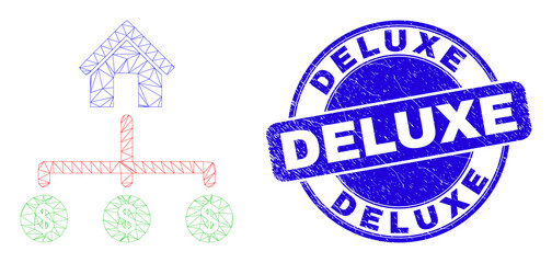 Web carcass bank dollar links icon and Deluxe stamp. Blue vector rounded grunge seal stamp with Deluxe text. Abstract carcass mesh polygonal model created from bank dollar links icon.