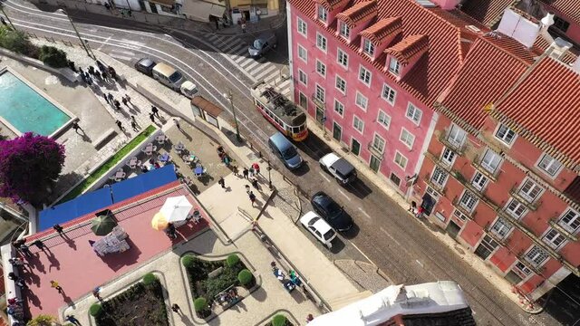 The tram cars in Lisbon from above - aerial drone footage