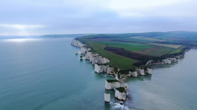 Flight around Old Harry Rocks in England - aerial view