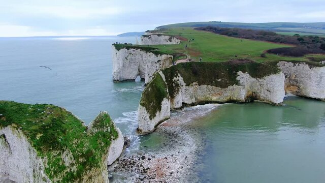 Spectacular aerial view over Old Harry Rocks in England