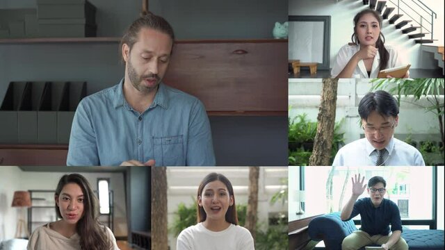 4K Group of multi-ethnic people colleague working from home and using video conference call together for brainstorming business project. Businessman and businesswoman communicating with online webinar