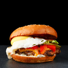 tasty fresh burger with egg on dark isolated background. Homemade hamburger or burger with fresh vegetables and cheese
