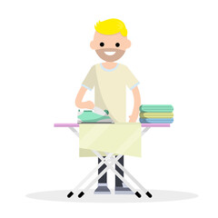 Cartoon flat illustration- a young guy in clothes stands with an Ironing Board and an iron. cleaning clothes and folded underwear. home care. Appliances for the home.
