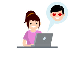 Woman in love sit at table with laptop. boyfriend and girlfriend email. Bubble with girl head. Romantic relationships on Internet. Cartoon flat illustration. Chat with woman. Heart on eyes