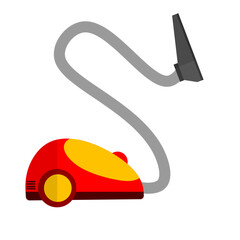 Red orange vacuum cleaner. Home appliances. Tool for cleaning from dust. A long hose. Cartoon flat illustration