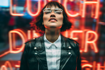 Attractive young woman in eyeglasses closed eyes enjoying leisure in big city, charming trendy dressed hipster girl in spectacles with illumination reflection standing on nightlights background.