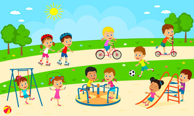 Obraz na płótnie Canvas kids, boys and girls play on the playground, illustration,vector