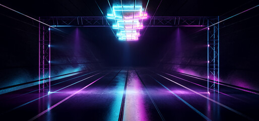 Naklejka premium Sci Fi Neon Stage Futuristic Podium Construction Laser Frame Blue Purple Glowing Rectangle Reflective Concrete Garage Hallway Tunnel Corridor Cyber Retro Modern 3D Rendering