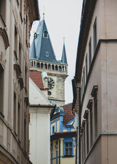 View at city hall tower and other buildings in Prague, Czech Republic
